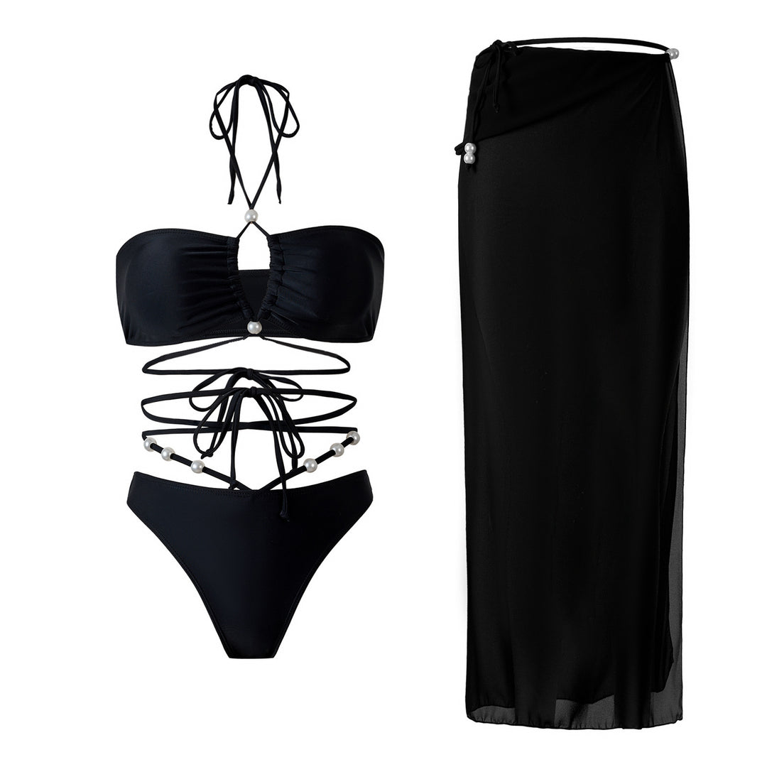 Dame bikini-sæt med raffineret cut-out-design og aftageligt omslagsskjørt Skovae