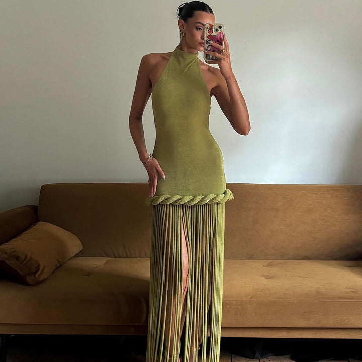 Damen Freizeitkleid mit Bambus-Borten und schimmerndem Stoff Skovae