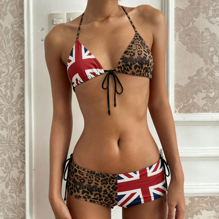 Dame bikiniset med leopardmønster og Union Jack accenter skovae