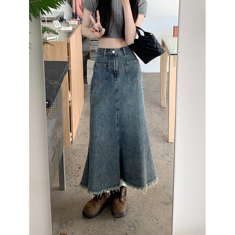 Kvindernes Lange Denim Nederdel med Flosset Kant Stilla