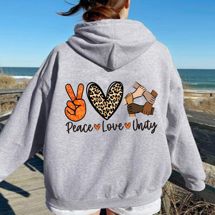 Kvinders hoodie med højkvalitets Peace-Love-Unity design Skovae
