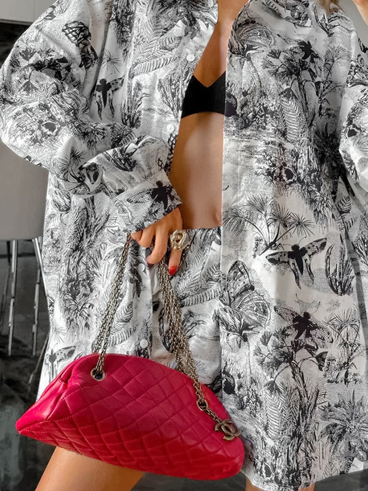 Dame oversize skjorte bluse- og shorts-sæt med blomstret print og afslappet snit Stilla