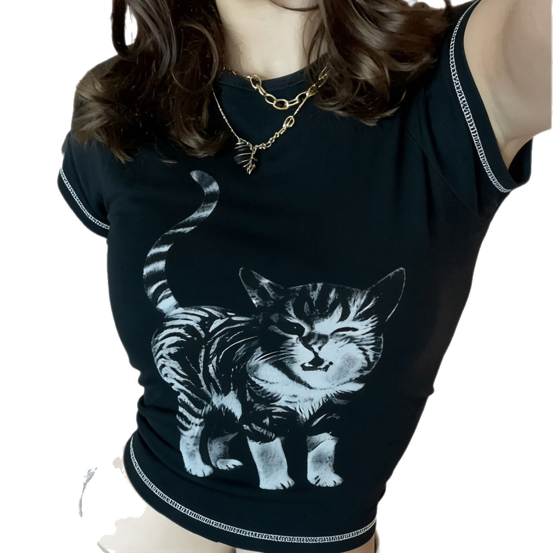 Dame T-shirt med kreativ kattemotiv Skovae