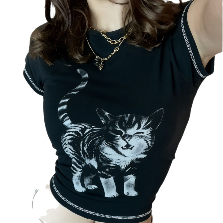 Dame T-shirt med kreativ kattemotiv Skovae