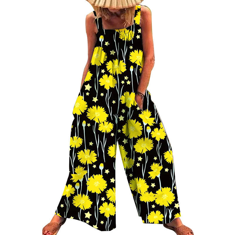 Dame Størrelse Jumpsuit med Blomster Mønster og Praktiske Lommer Skovae