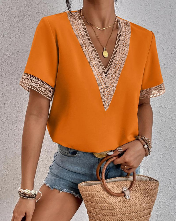 Dame elegant spids dekoreret V-hals bluse Stilla