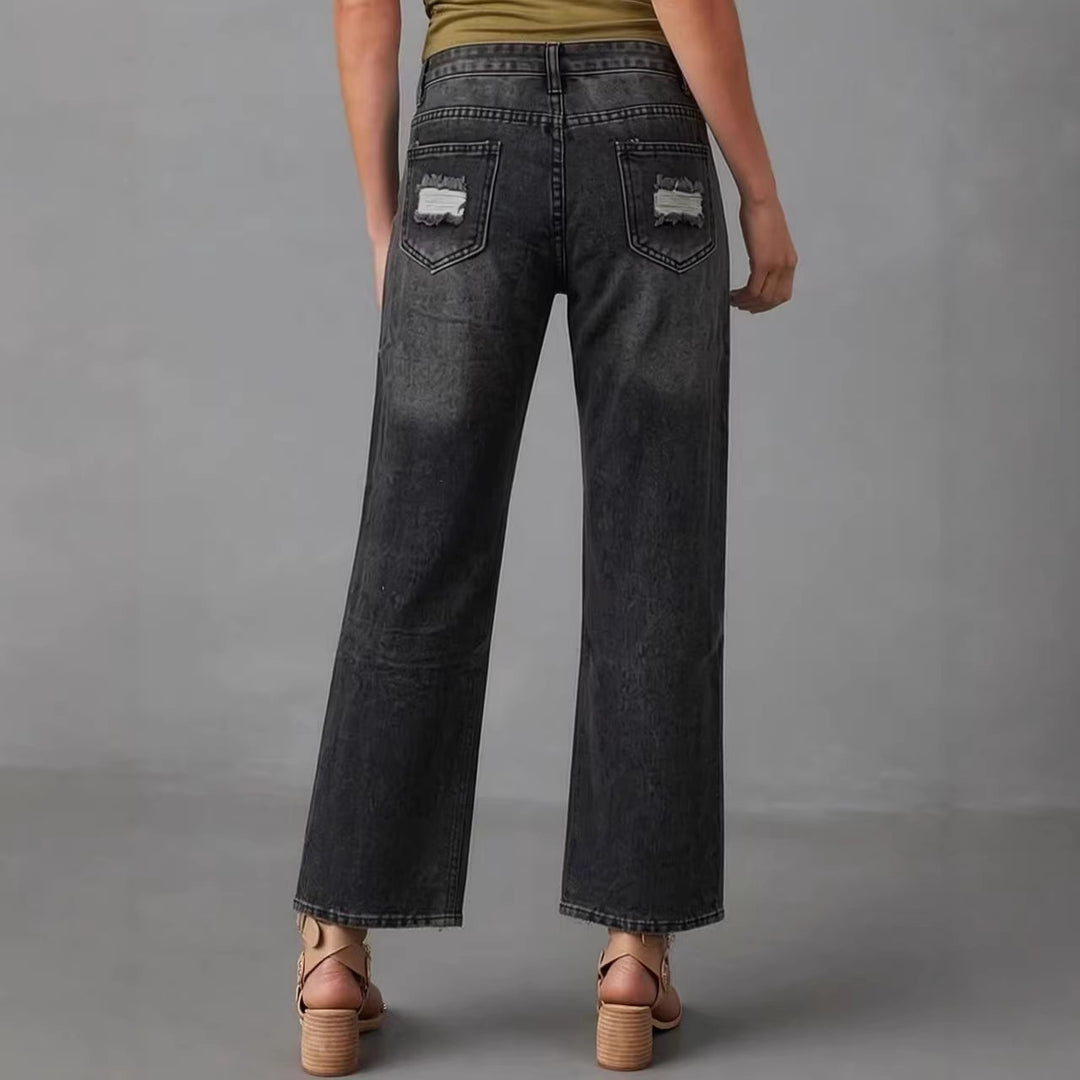 Dame distressed Mom Jeans med trendy cut-out-detaljer Skovae