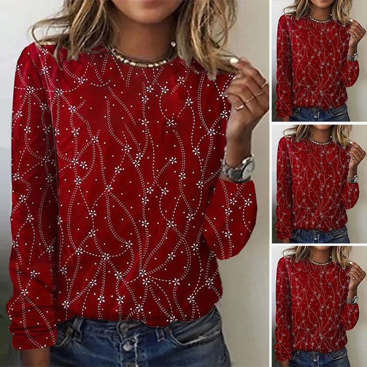 Dame nan løs rundhalset sweatshirt med strassdekoration og blomsterprikkemønster Skovae