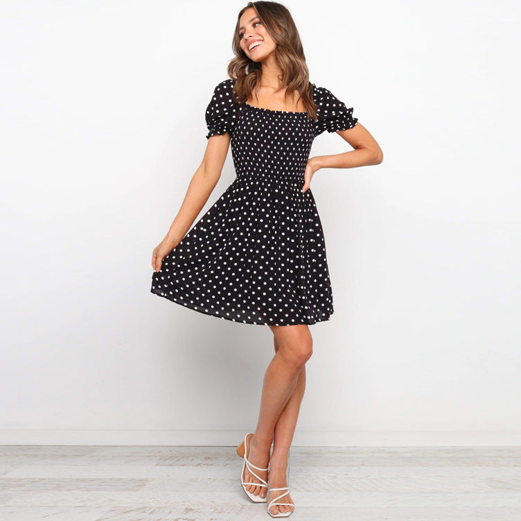 Dame Polka-Dot Mini Kjole med Puffærmer og Firkantet Udsnit Stilla