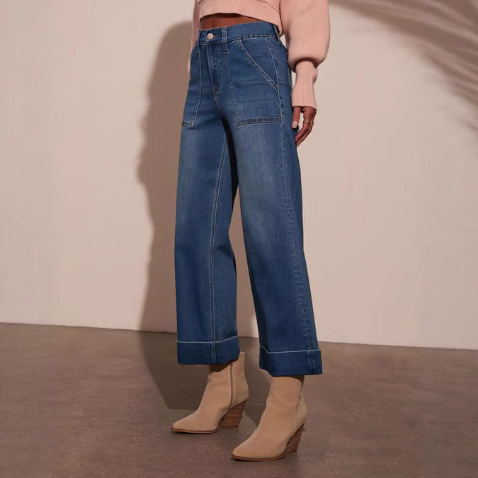 Dame brede denimbukser med høje lommer og moderne kant Stilla