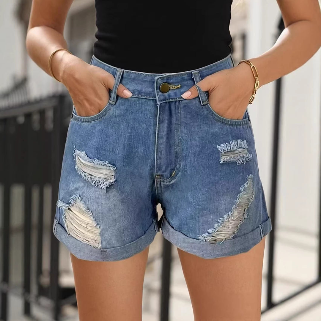 Dame Ødelagte Denim-Shorts med høj talje og stilfuld Fransen-Look Skovae
