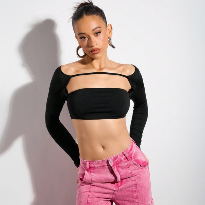 Kvinders crop top med asymmetrisk snit og lange ærmer Stilla