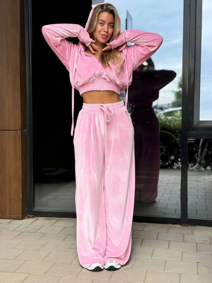 Kvindernes sporty velour loungewear-sæt med høj talje og lynlås Skovae