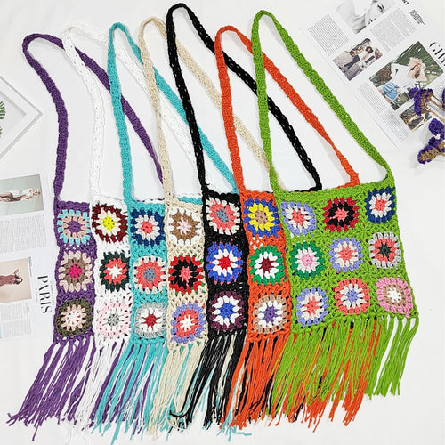 Dame hækle-håndtaske med frynset design og farverigt blomster mønster Stilla