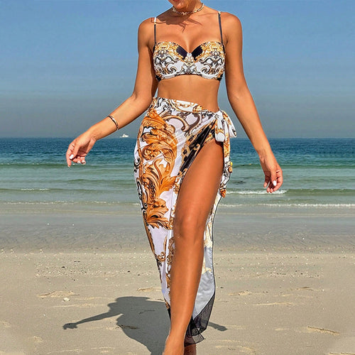 Dame Elegant Tryk-Bikini- og Sarong-Sæt Stilla