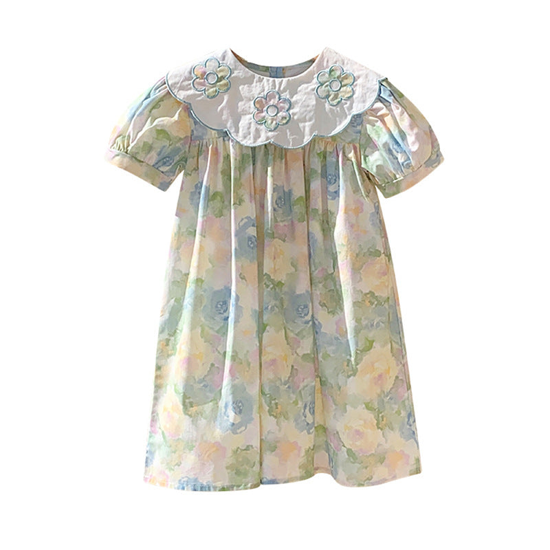 Pige blomsterprint vintage-inspireret kjole med broderet krave Stilla