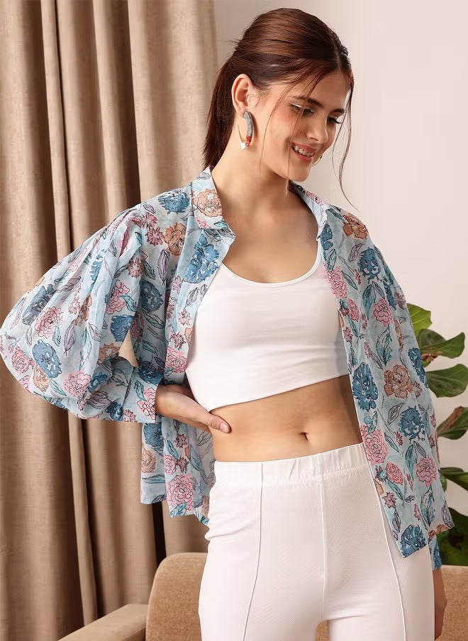 Dame let transparent chiffonjakke med florale motiver og ballonlignende ærmer Skovae