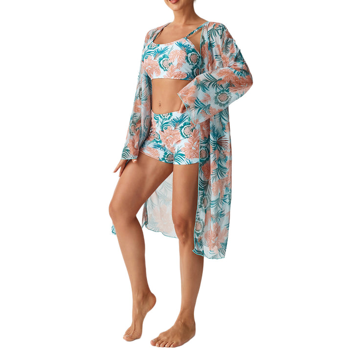 Dame strandoutfit med blomstret design og gennemsigtig kaftan Skovae