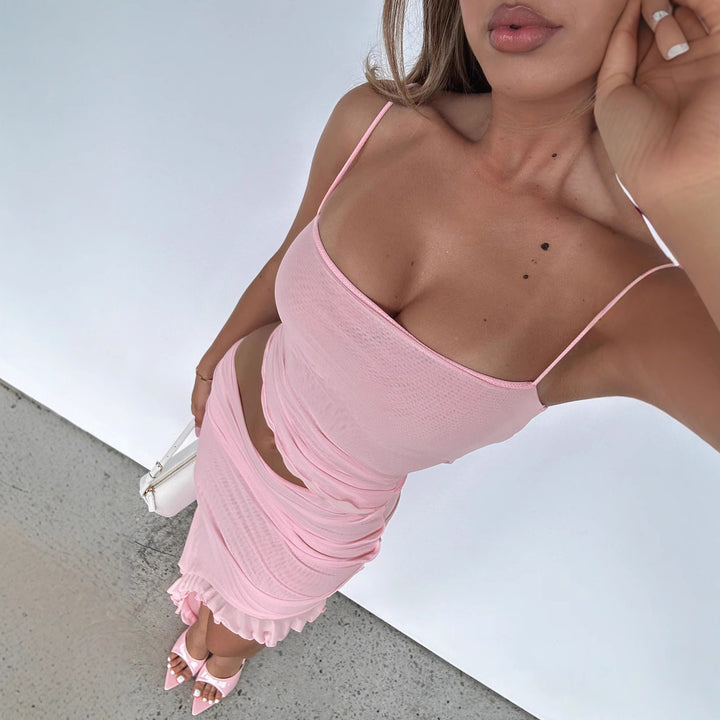 Dame elegant wrap dress med volumøs flæsekant Skovae