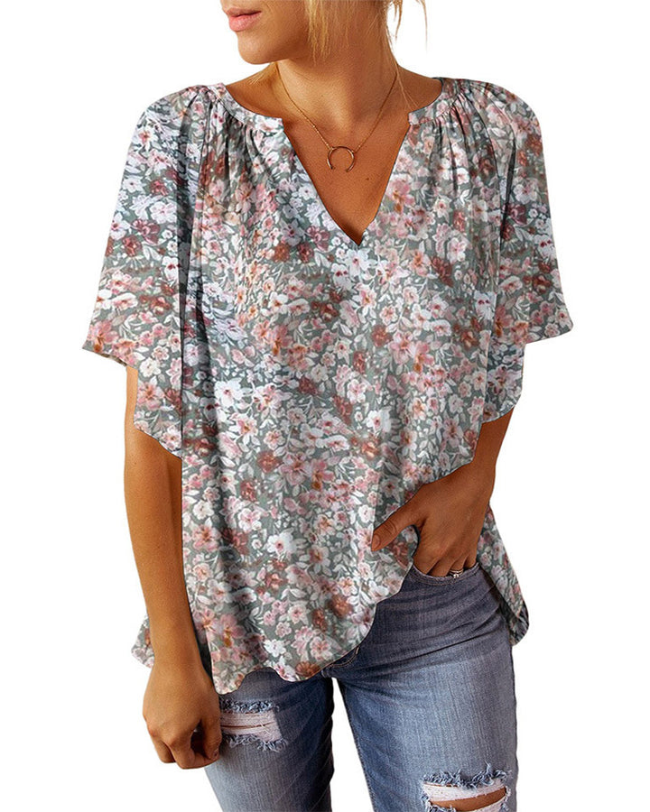 Dame blomster mønster V-hals bluse Stilla