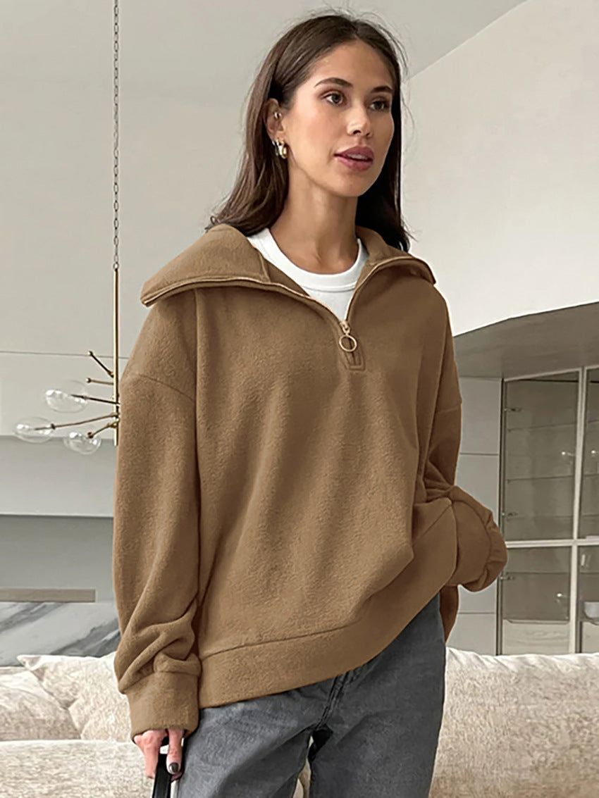 Dame hyggelig fleece-pullover med høj krave og lynlås Stilla