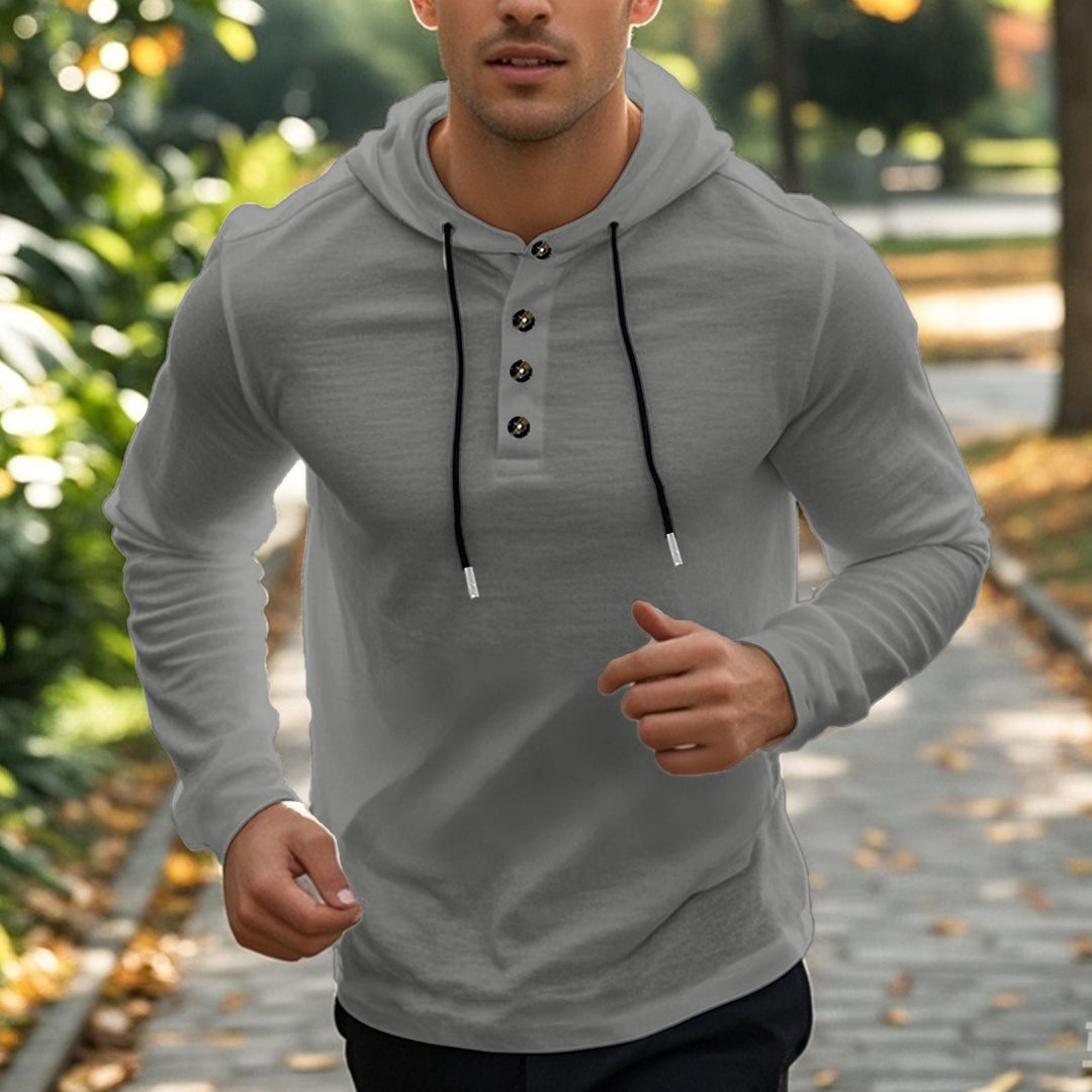 Herrer casual hættepullover i Henley-stil med knaplukning og justerbar snor Skovae