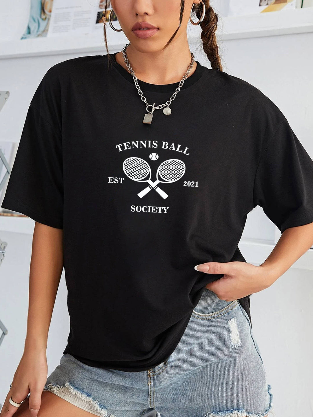 Dame afslappet T-shirt med trendy tennis-motiv Stilla