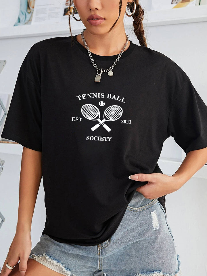 Dame afslappet T-shirt med trendy tennis-motiv Stilla