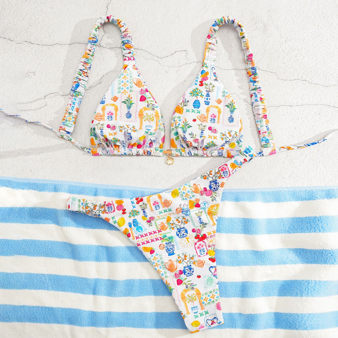 Dame triangels bikini med farverigt blomsterprint og justerbare stropper Skovae