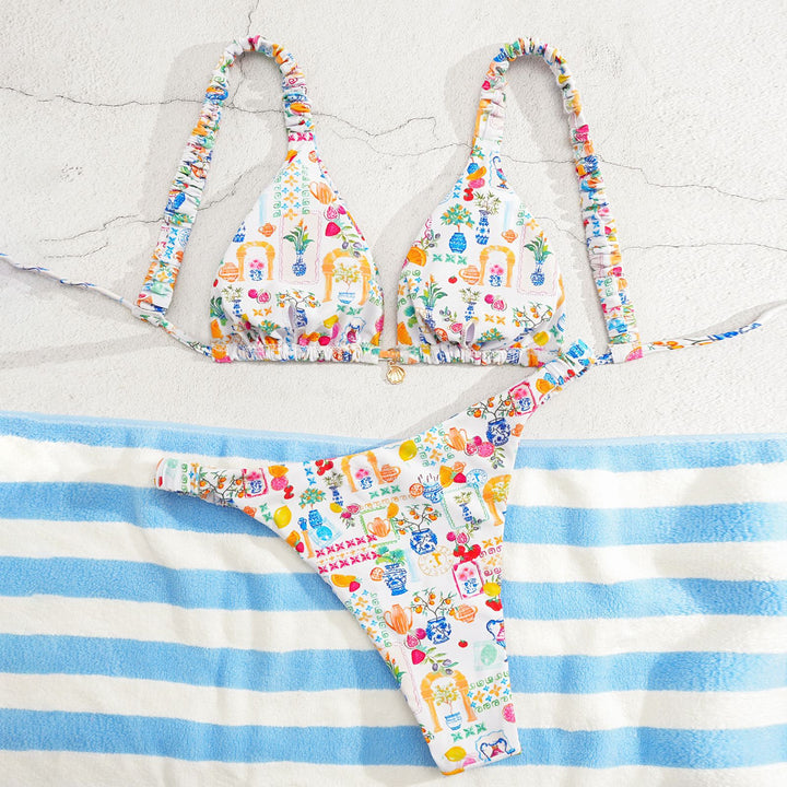 Dame triangels bikini med farverigt blomsterprint og justerbare stropper Skovae