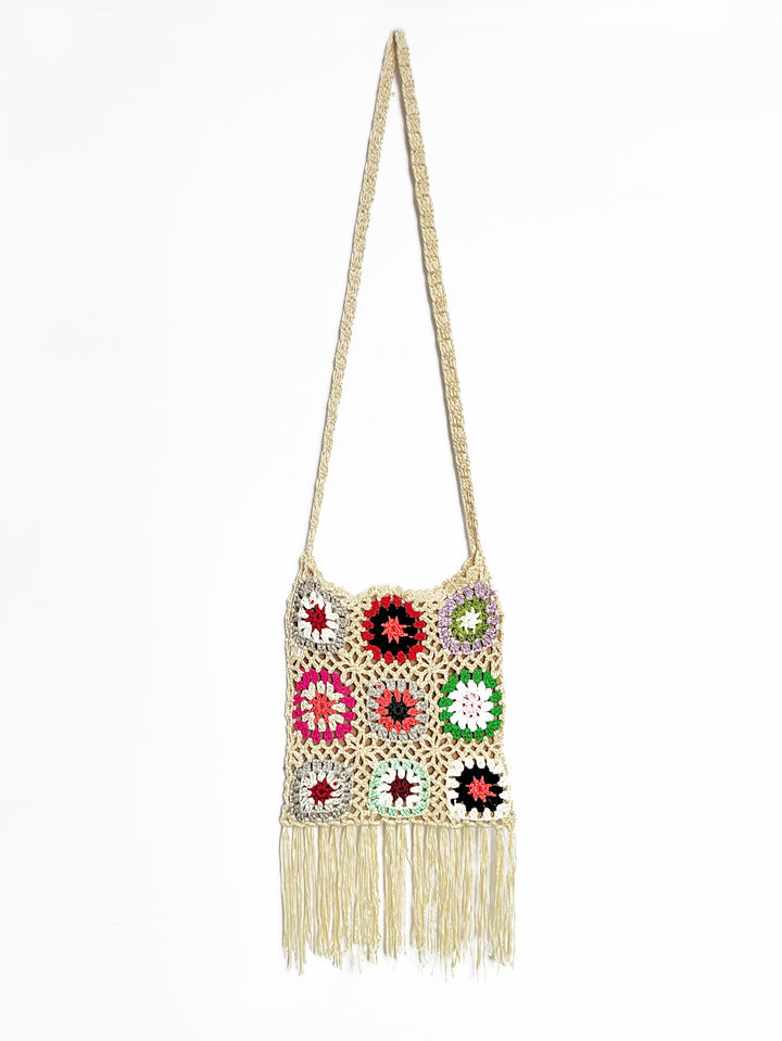 Dame hækle-håndtaske med frynset design og farverigt blomster mønster Stilla