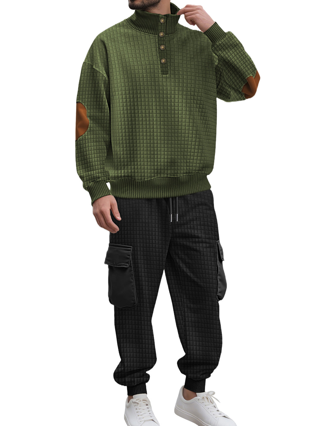 Herren nan Karo-relief-sweatset med ståkrave-knapliste, velour-ellbogenlapper og cargo-jogger Skovae
