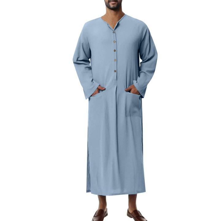 Herrer nan vidt lang tunika-kaftan i åndbar hør med ståkrave knaplukning og påsyede lommer Skovae