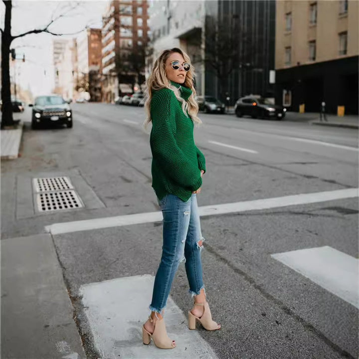 Dame Behagelig Oversized Strikpullover med Høj Krave Stilla