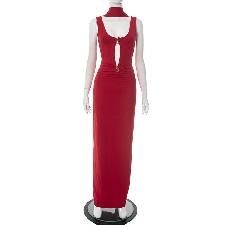 Dame Elegante Cut-Out Maxi Kjole med Choker Detalje Stilla