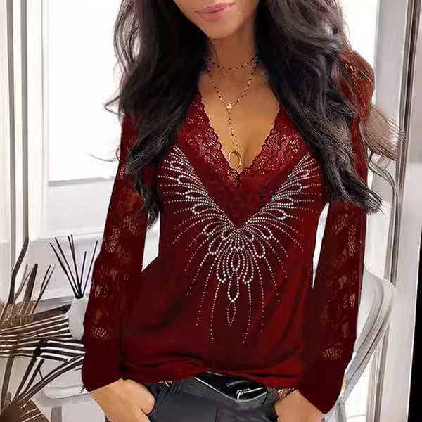 Dame spidsdetail V-hals top med rhinestone accenter Stilla