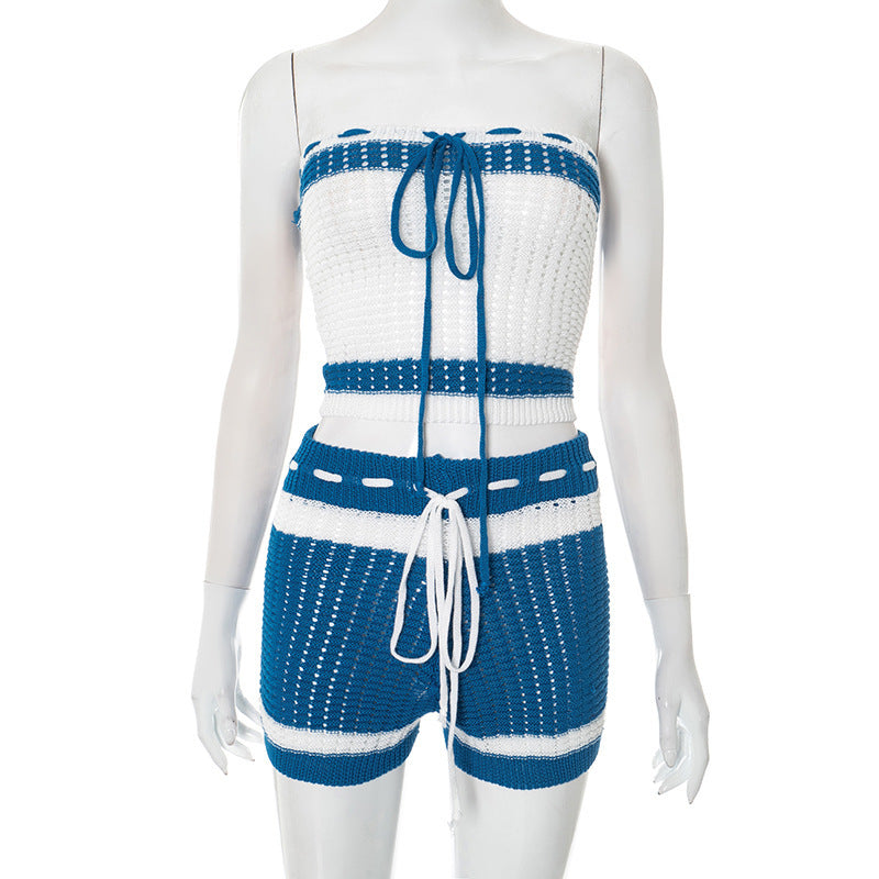 Dame Strikket Bandeau Sæt med Shorts og justerbar snøre Skovae
