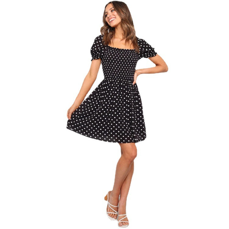 Dame Polka-Dot Mini Kjole med Puffærmer og Firkantet Udsnit Stilla