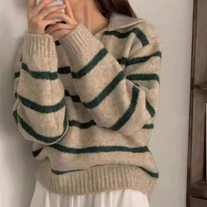 Kvinder Elegant Sweater med Stribet Mønster og Krave Stilla