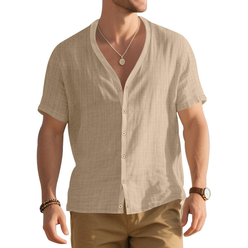 Herrer Kortsleeve Henley Skjorte med moderigtigt V-udskæring og struktureret design Stilla