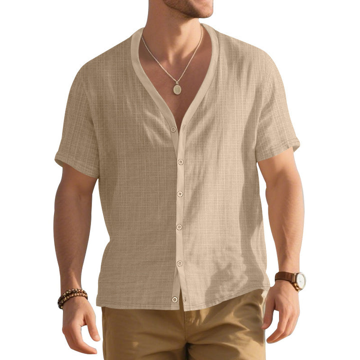 Herrer Kortsleeve Henley Skjorte med moderigtigt V-udskæring og struktureret design Stilla
