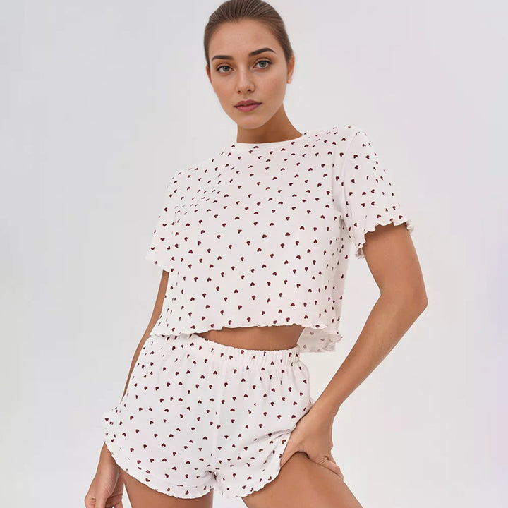 Dame fritids-pyjamasæt med hjerteformet design og elastisk talje Stilla
