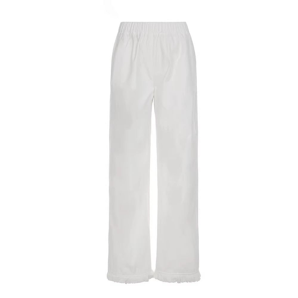 Dame bred bomuldsbukser med elastisk talje og feminine frynser Skovae