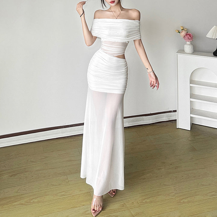Dame Off-Shoulder Maxi-Kjole med fine flæsedetaljer og figurskabende snit Stilla