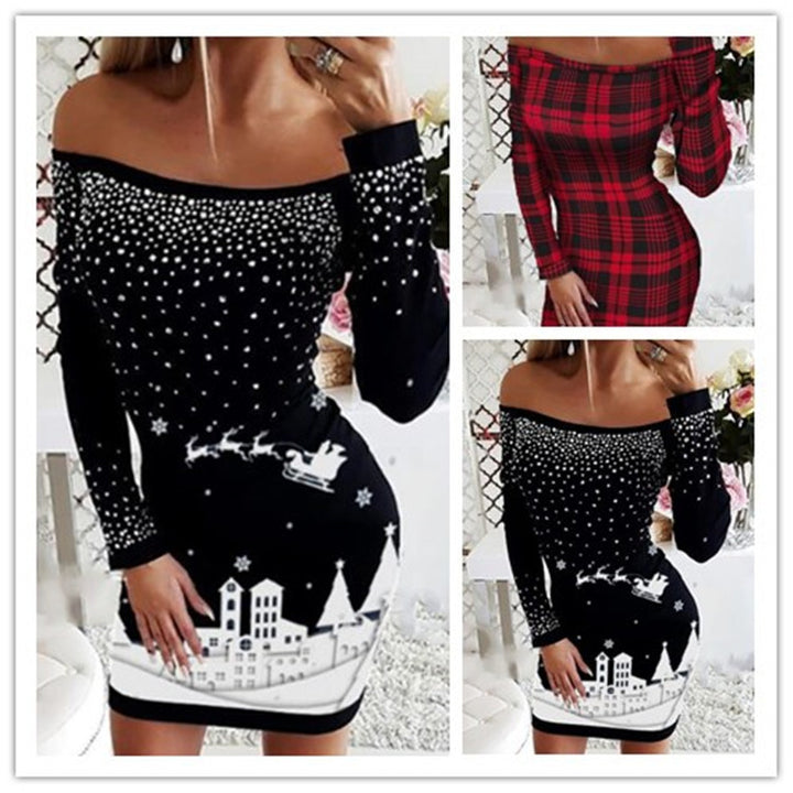Dame Off-Shoulder Julekjole med glitrende applikationer og festtryk Stilla
