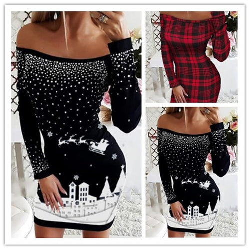 Dame Off-Shoulder Julekjole med glitrende applikationer og festtryk Stilla