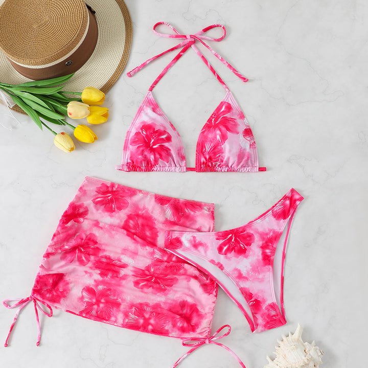 Dame Triangel-Bikini-Sæt med justerbare stropper og blomsterprint indpakningsskørt Skovae