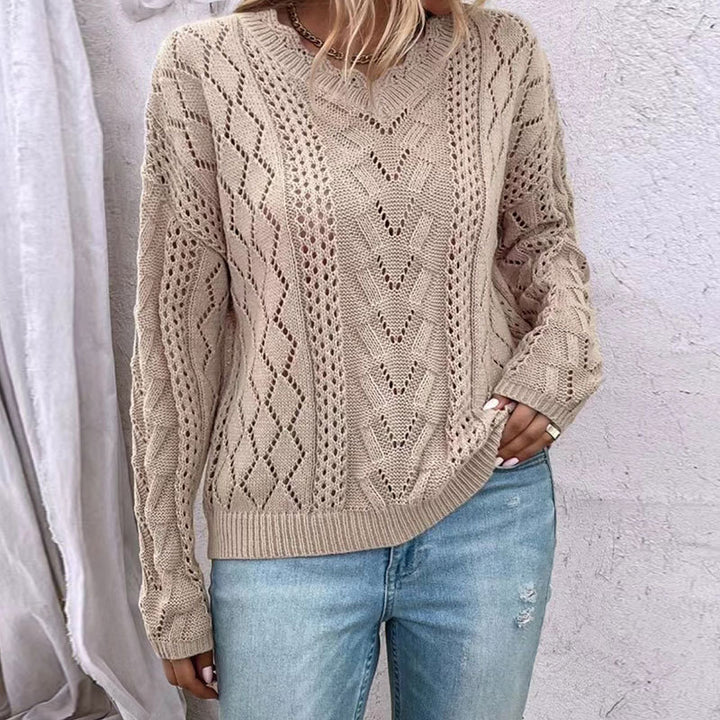 Dame strikket pullover med raffinerede mesh strukturer og V-hals Stilla