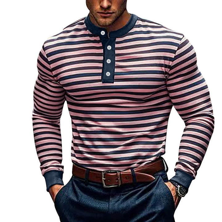 Herren nan stribet Langærmet Henley-shirt med højsnit og knaplukning Skovae