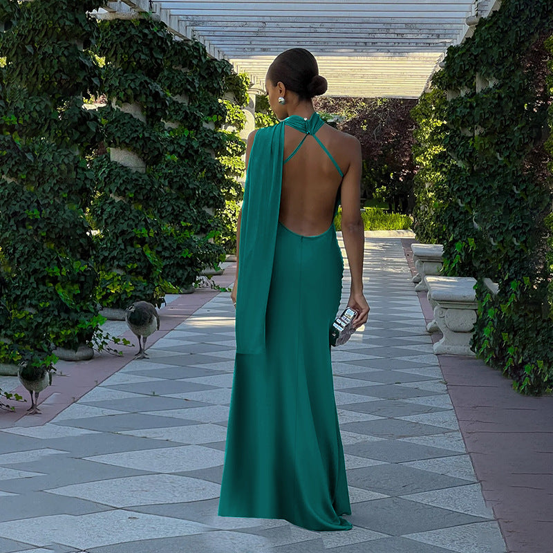 Dame elegant maxi kjole med asymmetrisk halterdesign og silkeagtigt topmateriale